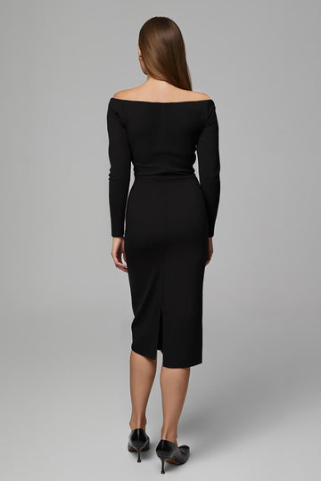Off The Shoulder Black Sheath Midi Work Dress With Long Sleeves
